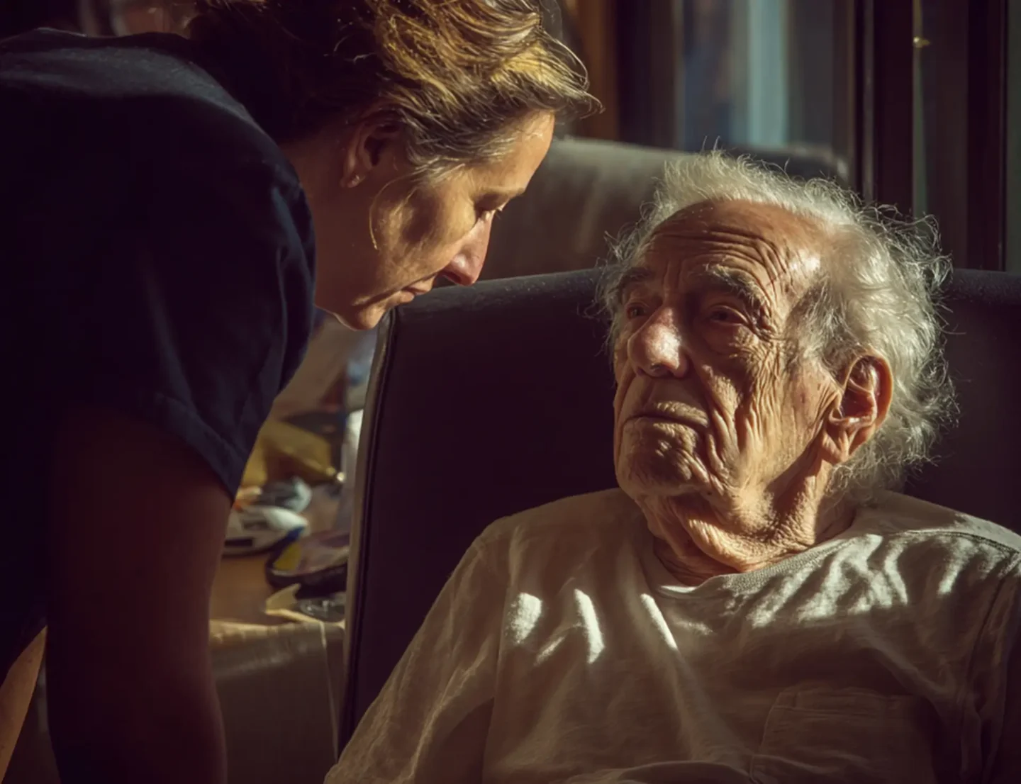 Žena sa s úsmevom skláňa k staršiemu mužovi